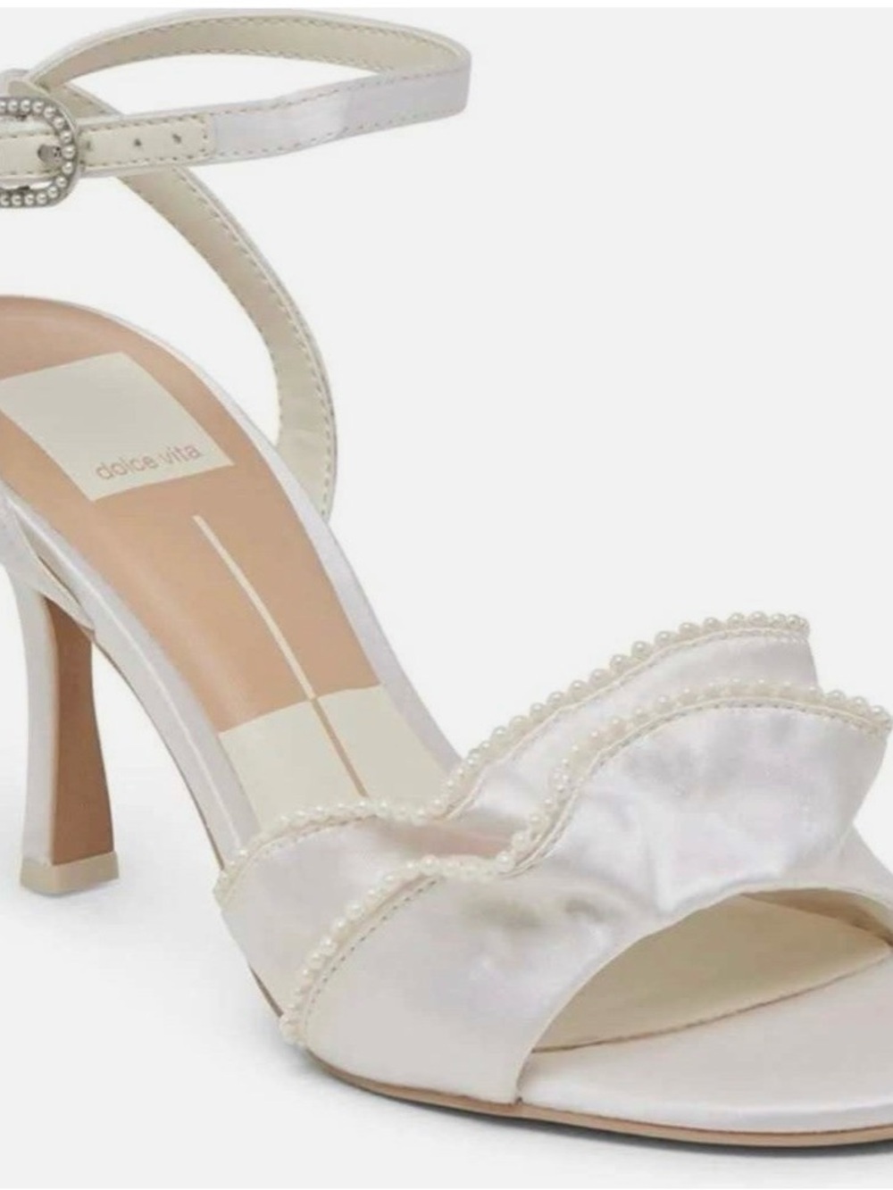 Dolce Vita Vanilla Lunete Satin Pearl-Trim Ruffle Ankle-Strap Heels